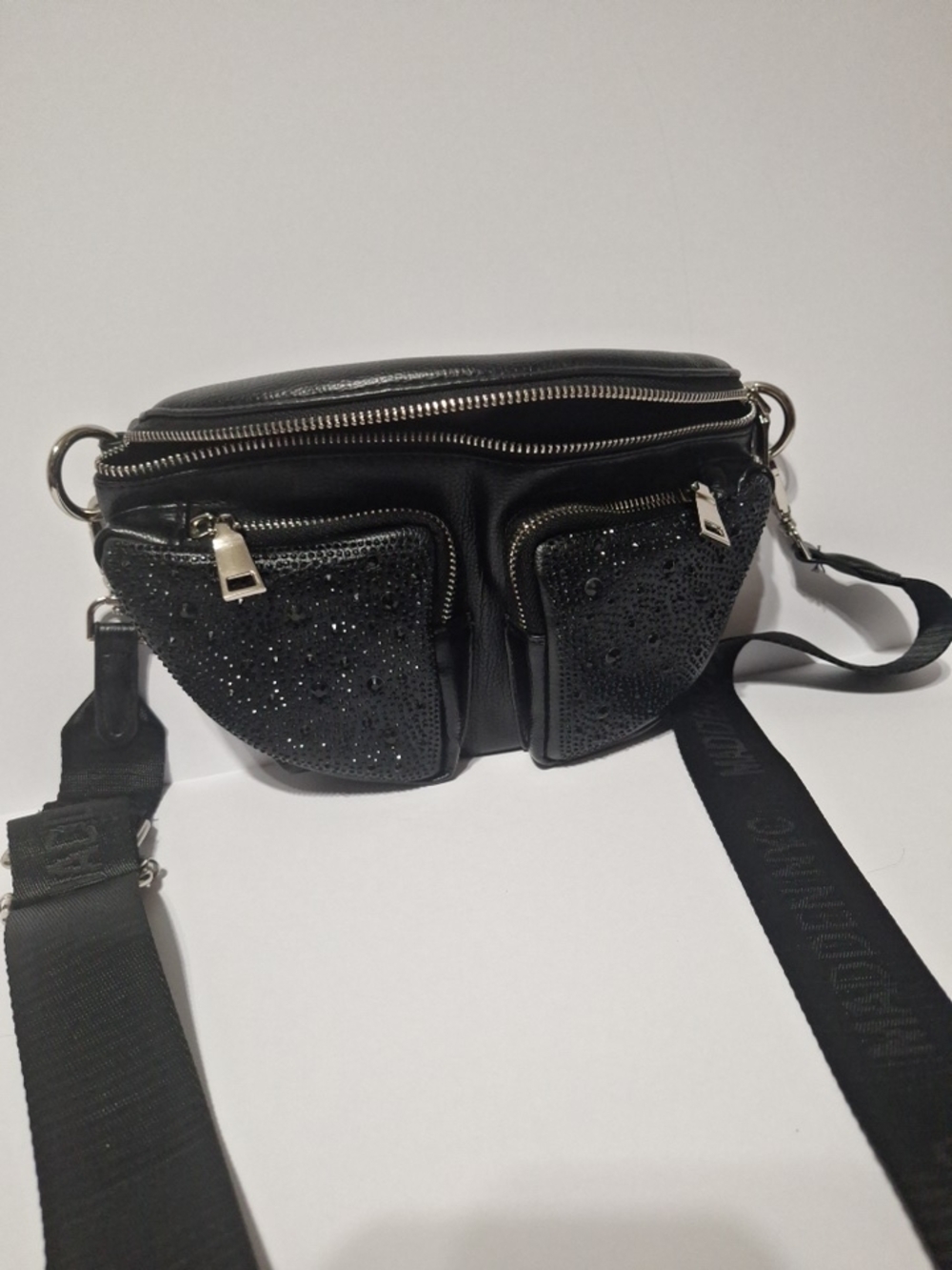 Black Women's Travel Fanny Belt Bag with Rhinestone Pockets - Picture 2 of 8